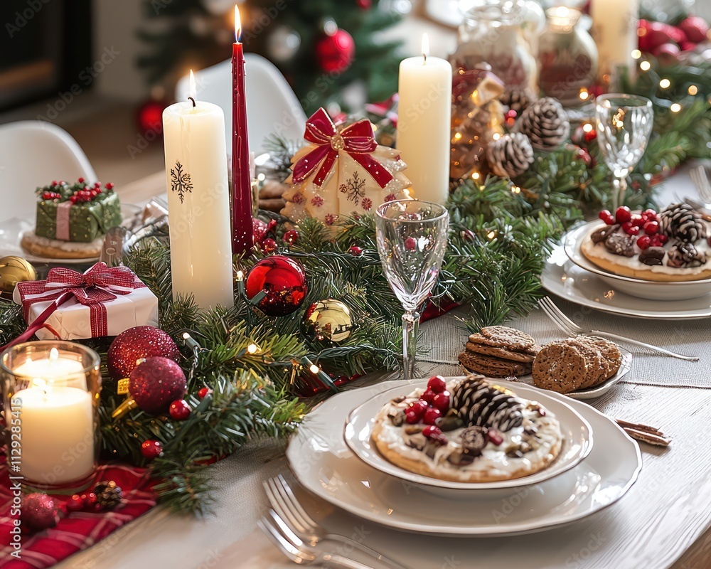 Christmas dinner table set with festive decorations, candles, and holiday treats Christmas dinner table set with festive decorations, candles, and holiday treats