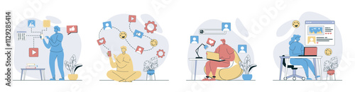 Social network concept set in flat design for web. Collection with people connecting online with internet friends, sharing photos and videos, making online posts, browsing feeds. Vector illustrations.