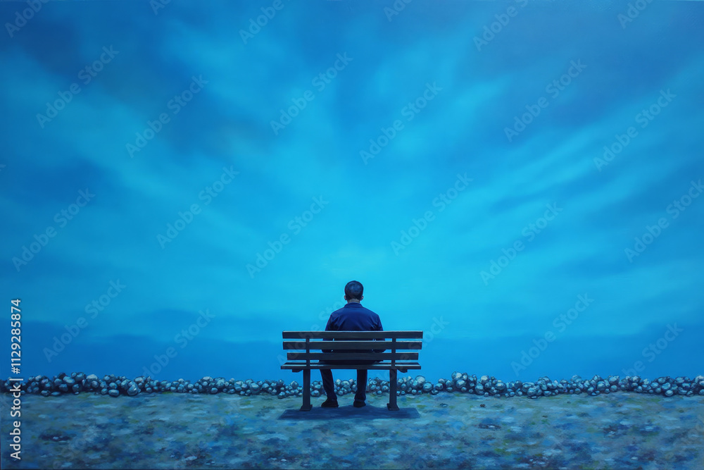 Lonely man sitting on a bench gazing at the blue sky in a serene environment with copy space Lonely man sitting on a bench gazing at the blue sky in a serene environment with copy space