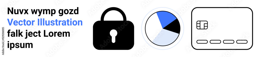 Lock icon for security, pie chart for data analysis, credit card for finance. Ideal for cybersecurity, financial services, data protection, e-commerce, online payments, business analysis technology Lock icon for security, pie chart for data analysis, credit card for finance. Ideal for cybersecurity, financial services, data protection, e-commerce, online payments, business analysis technology
