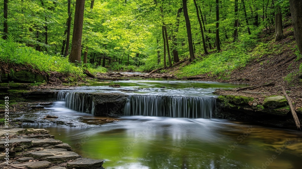 A serene forest scene featuring a gently flowing stream and lush greenery.