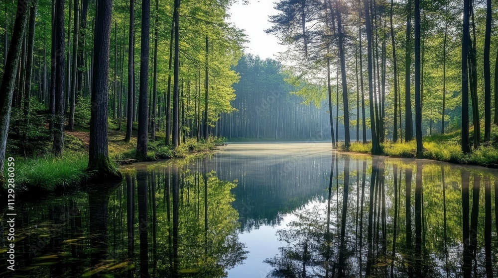 Obraz premium Serene forest landscape reflecting in calm water, evoking tranquility and nature's beauty.