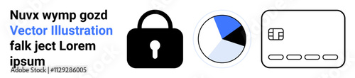 Lock icon for security, pie chart for data analysis, credit card for finance. Ideal for cybersecurity, financial services, data protection, e-commerce, online payments, business analysis technology