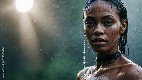 fashion editorial, a portrait of a young beautiful black woman in water drops, wet hair and skeen, mystical gaze, highres, realistic photo, professional photography, cinematic angle, dynamic light bac photo