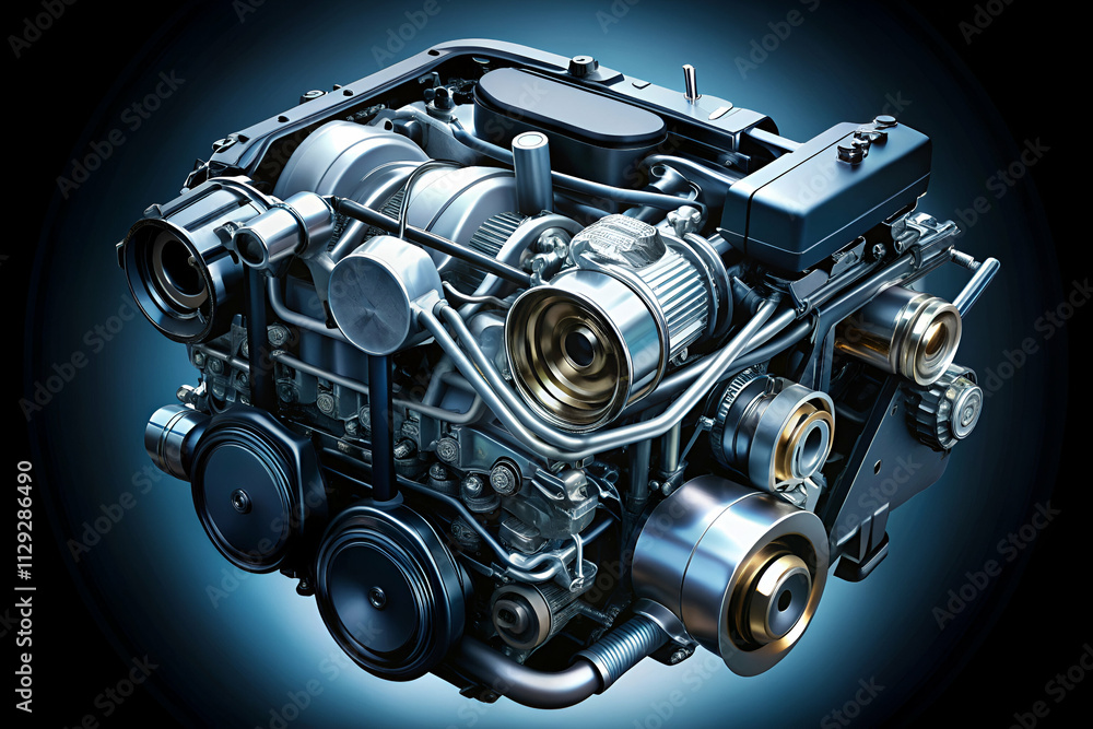 Engine with intricate components and a sleek design against a blue backdrop, showcasing mechanical precision and technology. Engine with intricate components and a sleek design against a blue backdrop, showcasing mechanical precision and technology.