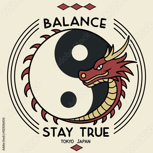 Photography Balance Stay True Tokyo Japan Yin Yang Dragon T-Shirt Design - Asian Symbol Grap