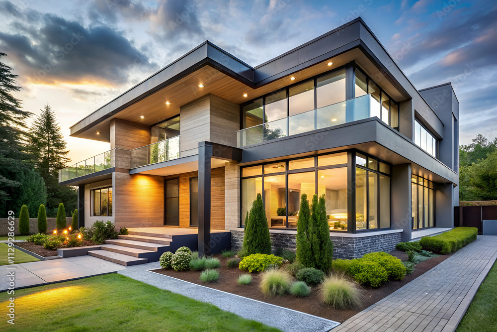 Modern architectural home with expansive glass windows, landscaped garden, and contemporary design, set against a dramatic sky. Modern architectural home with expansive glass windows, landscaped garden, and contemporary design, set against a dramatic sky.