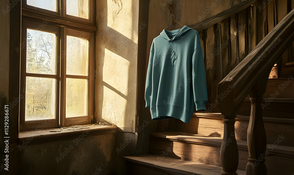 Hoodie Mockup - A cozy blue hoodie hangs by a sunlit window on a staircase in an aged, rustic interior. Hoodie Mockup - A cozy blue hoodie hangs by a sunlit window on a staircase in an aged, rustic interior.