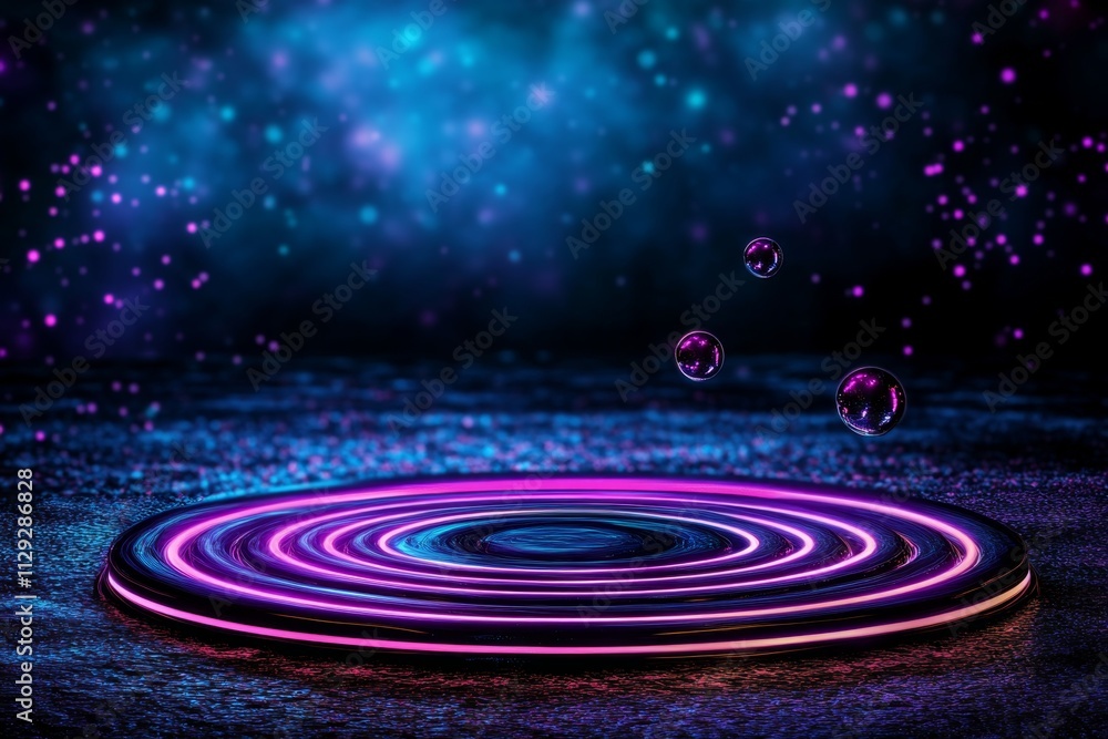 Fototapeta premium A futuristic depiction of ripples on a glowing holographic surface, with neon lights and floating particles creating a digital ripple effect