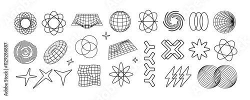 Abstract Retro futuristic geometric brutals shapes, cyberpunk and sci-fi elements, grids. Techno style  forms, HUD elements. Brutalist abstract geometric shapes and grids. Isolated vector