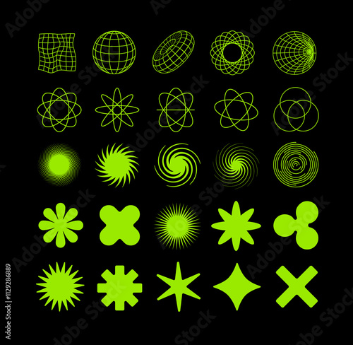 Abstract Y2k Retro futuristic geometric wireframe shapes, cyberpunk form and sci-fi elements, grids. Asid Psychedelic techno elements. Brutalist abstract geometric shapes and grids. Isolated vector