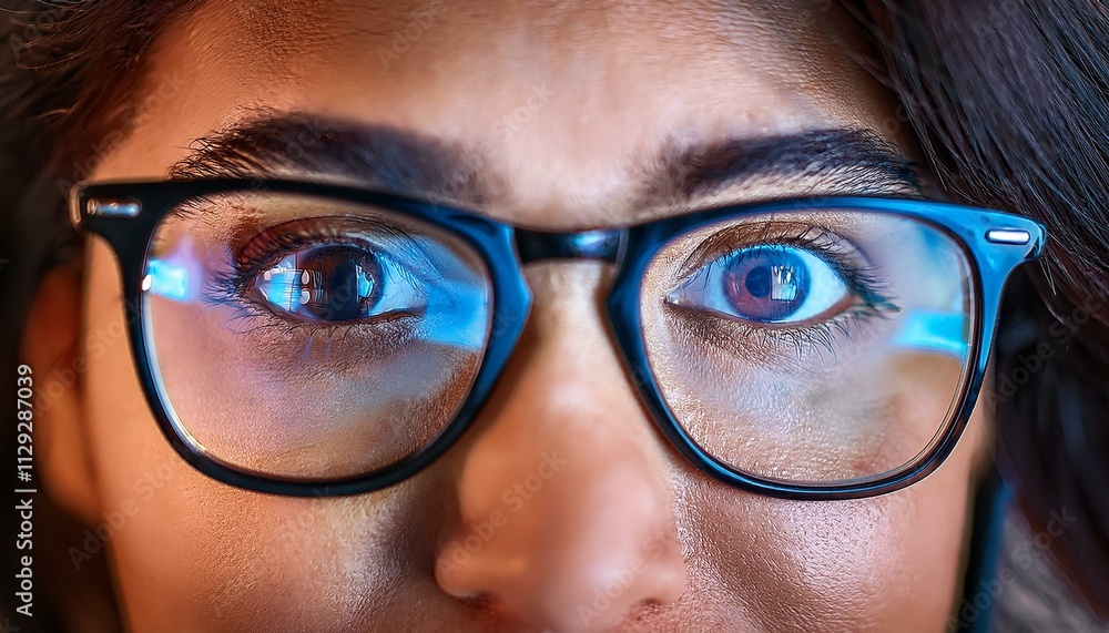 A close up view of the eyes and spectacles with blue light reflections from the computer screen; up and close to a person's eyes wearing glasses with blue light ray from the monitors; technology