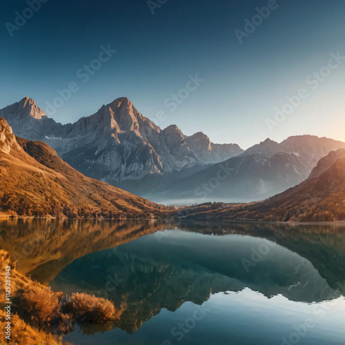 a majestic shot of a lake in the mountains, showing the reflection of the mountains photo