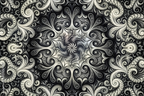 Intricate swirling patterns in shades of black, white, and gray create a mesmerizing, abstract design with a hypnotic effect.