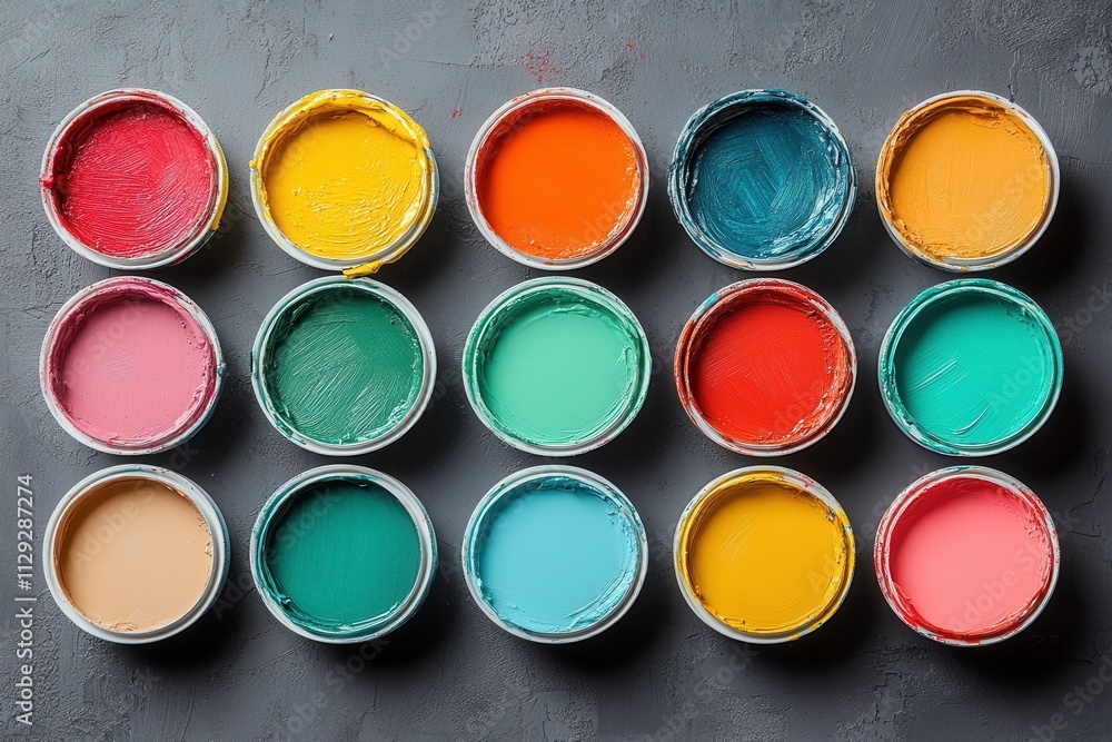 Colorful Paint Swatches on Gray Table Surface Colorful Paint Swatches on Gray Table Surface