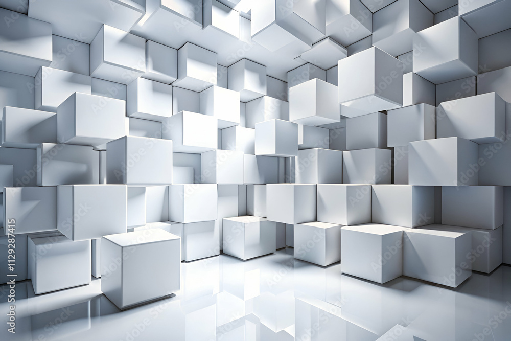 A modern, abstract interior space filled with white cubes, creating a geometric and minimalist aesthetic. A modern, abstract interior space filled with white cubes, creating a geometric and minimalist aesthetic.