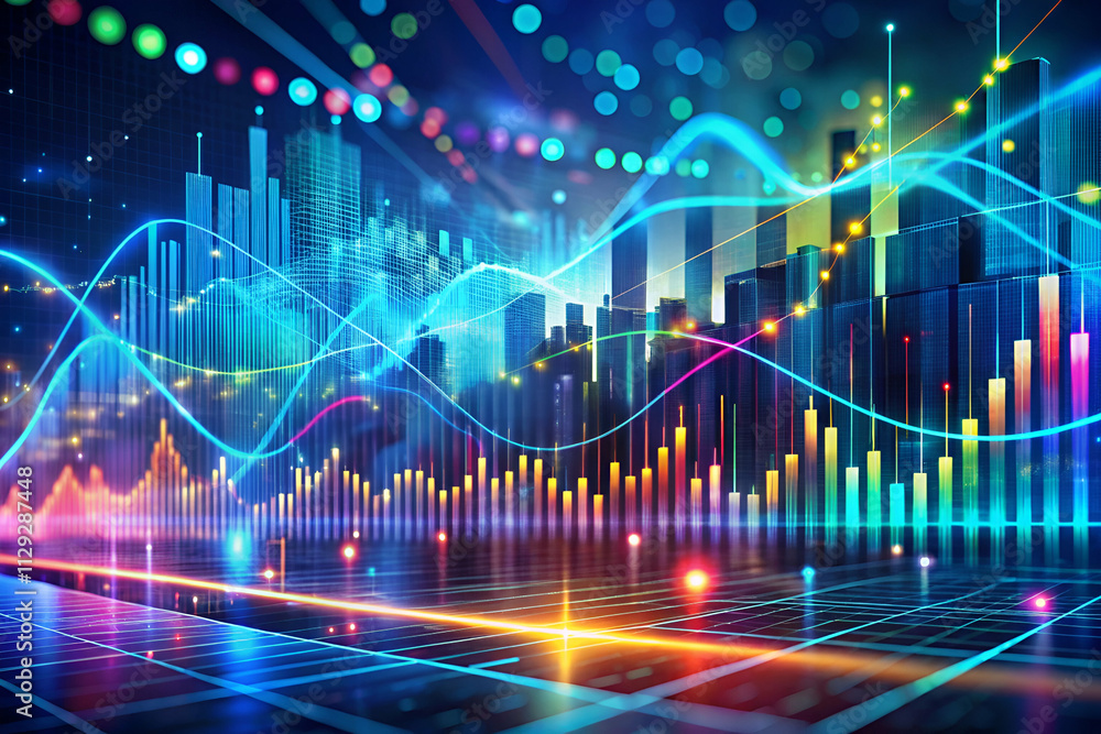 Dynamic financial data visualization with colorful graphs and waves representing market trends and analytics in a futuristic setting. Dynamic financial data visualization with colorful graphs and waves representing market trends and analytics in a futuristic setting.
