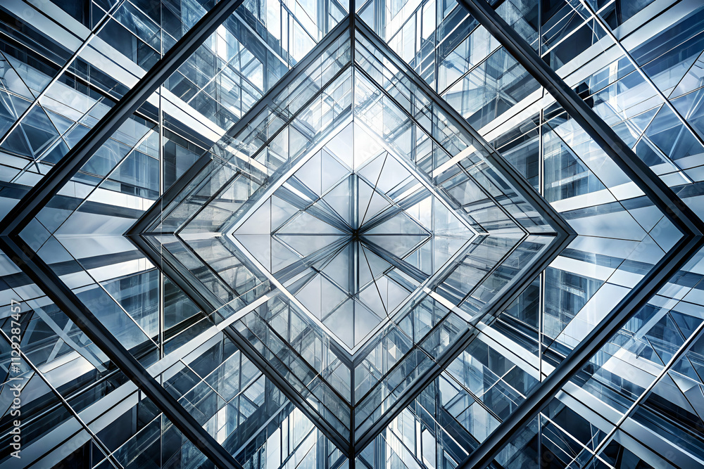 A geometric view of glass architecture, showcasing a symmetrical design with reflections and light interplay from a central perspective. A geometric view of glass architecture, showcasing a symmetrical design with reflections and light interplay from a central perspective.
