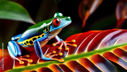 A colorful Amazonian frog sitting on a multicolor leaf; poisonous frog with colorful skin in the Amazonian jungle; selective focus; blurred background; wild creatures in the jungle; macro and micro