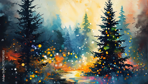 Bosque mágico con árboles de Navidad y luces brillantes estilo acuarela. Paisaje navideño lleno de coníferas. Ilustración en acuarela.