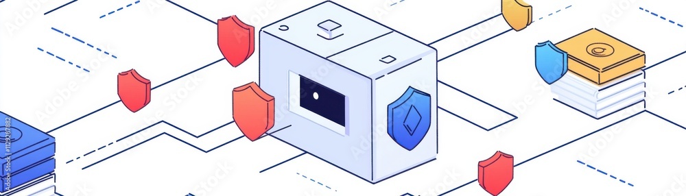 Illustration of digital security with shields and technology elements for modern networks. Illustration of digital security with shields and technology elements for modern networks.