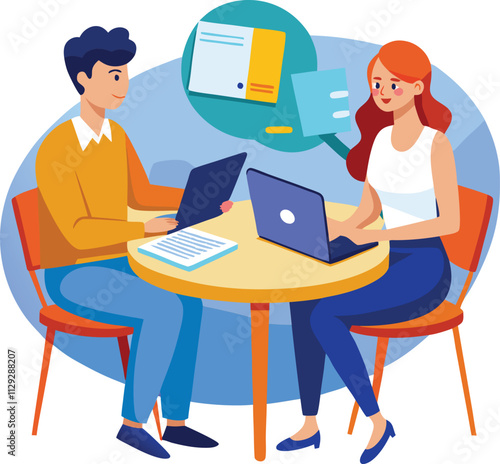 Partners meeting for business discussion with documents and laptop on desk. Couple at round table, speaking, discussing work, partnership. Flat vector on a white background