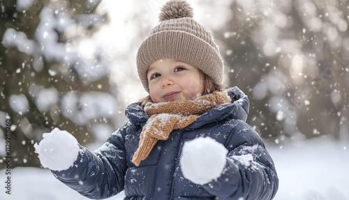 Child in a puffy jacket, wool hat, and scarf, playing with snowballs