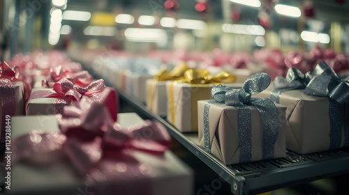 A row of perfectly wrapped gifts in the Christmas workshop each with shiny bows and matching tags. photo