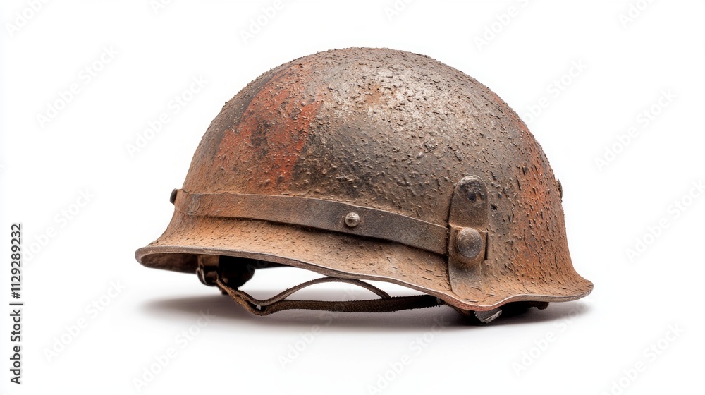 Fototapeta premium This vintage military helmet showcases the passage of time. Its weathered appearance hints at historic battles and stories untold. A testament to bravery and sacrifice. Generative AI