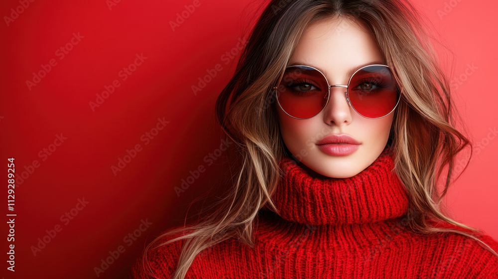 A woman showcases a striking look with a red turtleneck and round sunglasses, perfectly embodying a chic holiday spirit against a bright red backdrop. Ideal for Christmas fashion advertising. A woman showcases a striking look with a red turtleneck and round sunglasses, perfectly embodying a chic holiday spirit against a bright red backdrop. Ideal for Christmas fashion advertising.