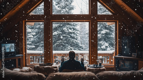 A rustic-style living room with wooden beams a person sitting by the large window sipping hot cocoa observing giant snowflakes outside. photo