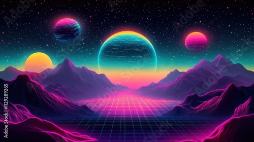 Retro-futuristic neon landscape with glowing planets and mountains