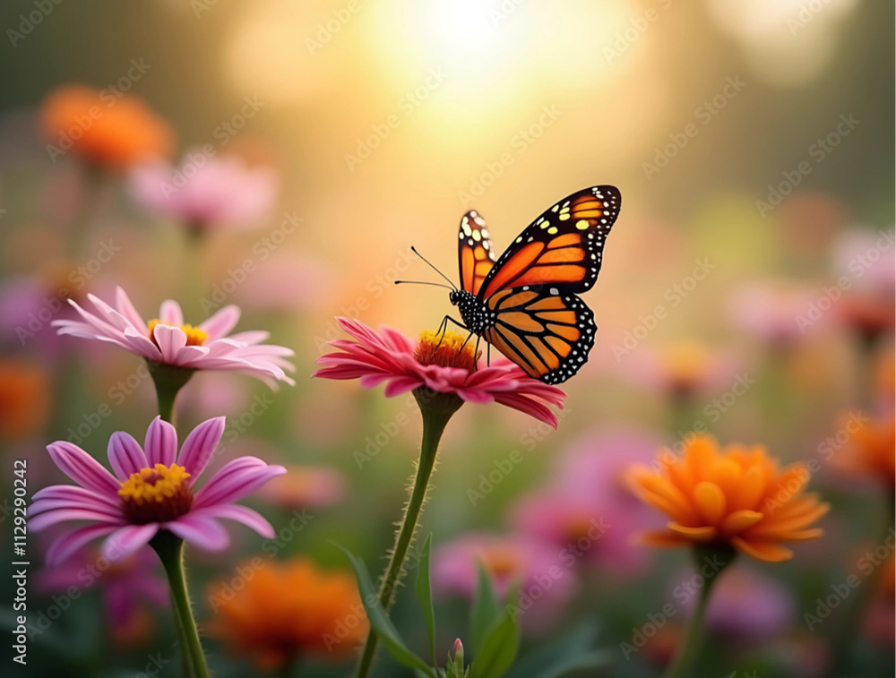 Fototapeta premium Butterfly landing on flower in the garden - artificial intelligence