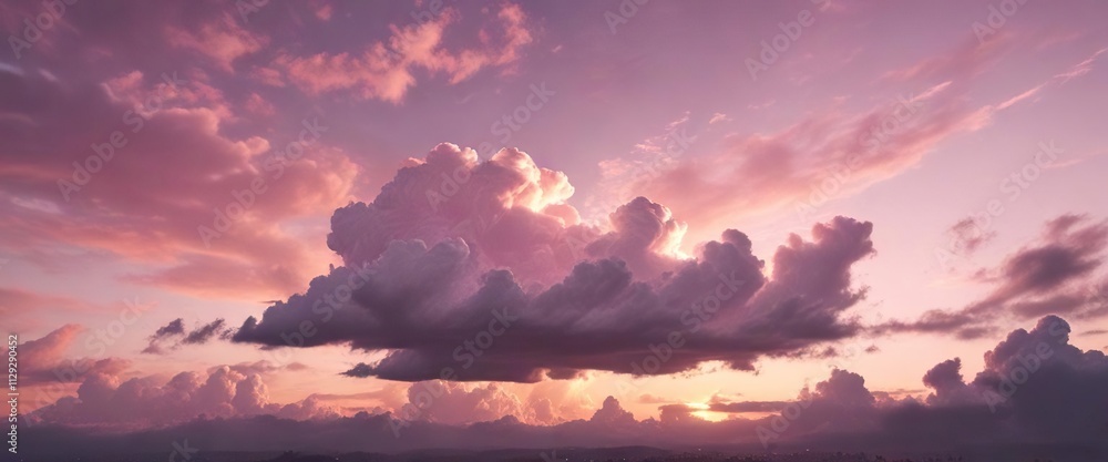 Fototapeta premium Pastel pink clouds glow softly in the evening sky during a sunset, orange hues, warm glow