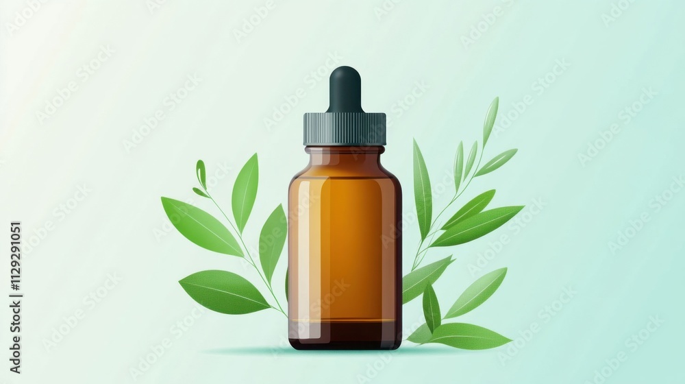 Amber glass bottle with dropper and green leaves on soft background Amber glass bottle with dropper and green leaves on soft background