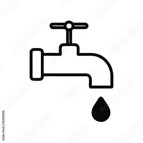 a black and white icon of a faucet with a single drop of water coming out of it.