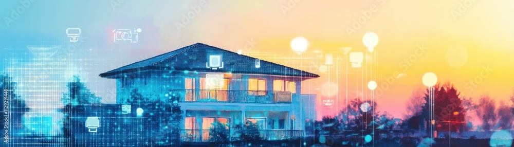 Modern house exterior with digital elements and a vibrant sunset backdrop. Modern house exterior with digital elements and a vibrant sunset backdrop.