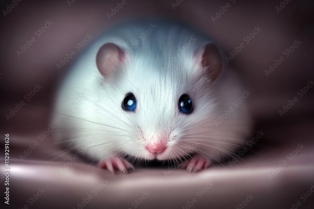 Close-up of a fluffy white hamster with big blue eyes captures attention. This delightful pet image exudes innocence, warmth, and tender beauty, evoking happiness. Close-up of a fluffy white hamster with big blue eyes captures attention. This delightful pet image exudes innocence, warmth, and tender beauty, evoking happiness.
