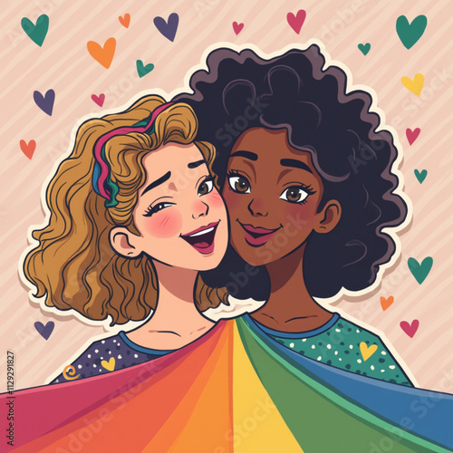 women celebrating pride month: love, diversity and inclusion. vector illustration.