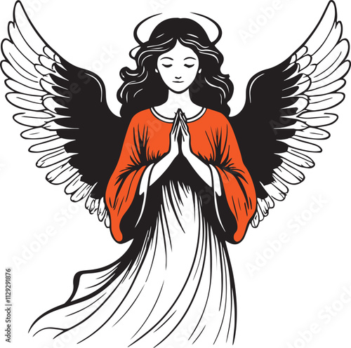 Silhouette of female angel woman with feather wings black illustration isolated on white background vector.