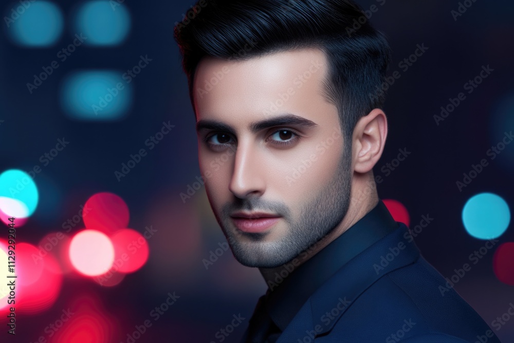 A stylish man poses confidently at night, illuminated by blurred city lights in the background, showcasing elegance and sophistication in a dark outfit. A stylish man poses confidently at night, illuminated by blurred city lights in the background, showcasing elegance and sophistication in a dark outfit.