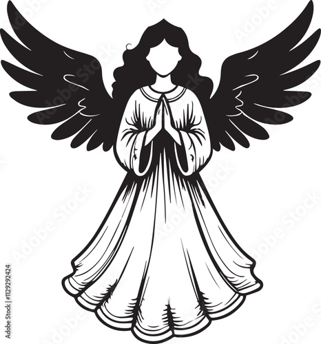 Silhouette of female angel woman with feather wings black illustration isolated on white background vector.