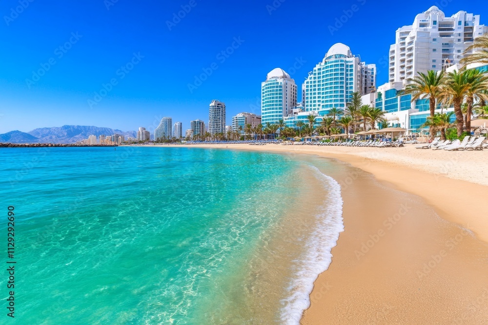 A serene image of Eilat beachfront, with palm trees, golden sand, and luxury resorts in the background A serene image of Eilat beachfront, with palm trees, golden sand, and luxury resorts in the background