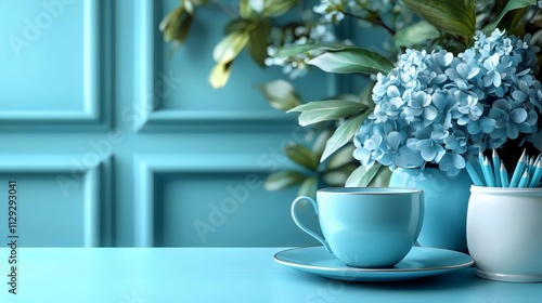 A blue cup with a saucer sits on a table next to a vase of blue flowers