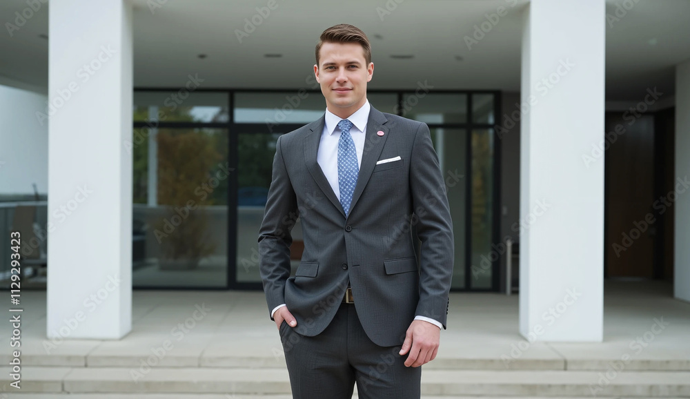 businessman standing in front of building businessman standing in front of building