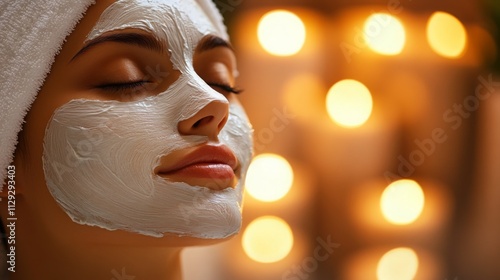 A serene moment of self-care unfolds as a woman enjoys a facial mask in a calming home spa setting, illuminated by warm candlelight. This multisensory experience promotes relaxation and rejuvenation. photo