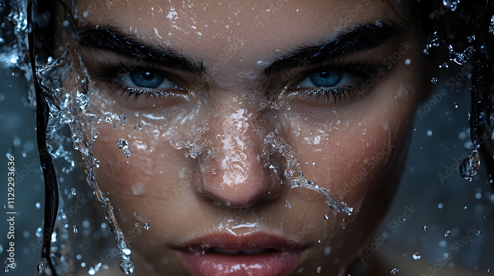 Close-up portrait of a woman with fresh, clean skin as water splashes over her face . illustration Close-up portrait of a woman with fresh, clean skin as water splashes over her face . illustration