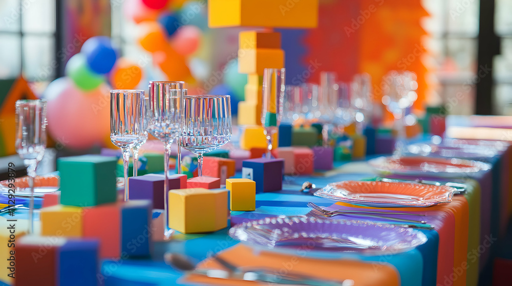 Colorful block-themed party with a groovy and lively table setting . illustration Colorful block-themed party with a groovy and lively table setting . illustration