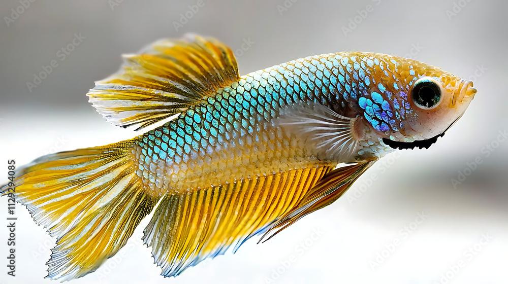 Fototapeta premium A small fish with a blue and yellow body swims in a tank
