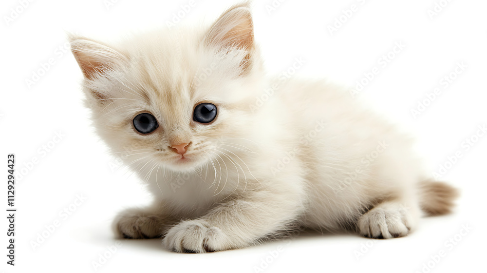 A cute white kitten with blue eyes is sitting on a white background A cute white kitten with blue eyes is sitting on a white background